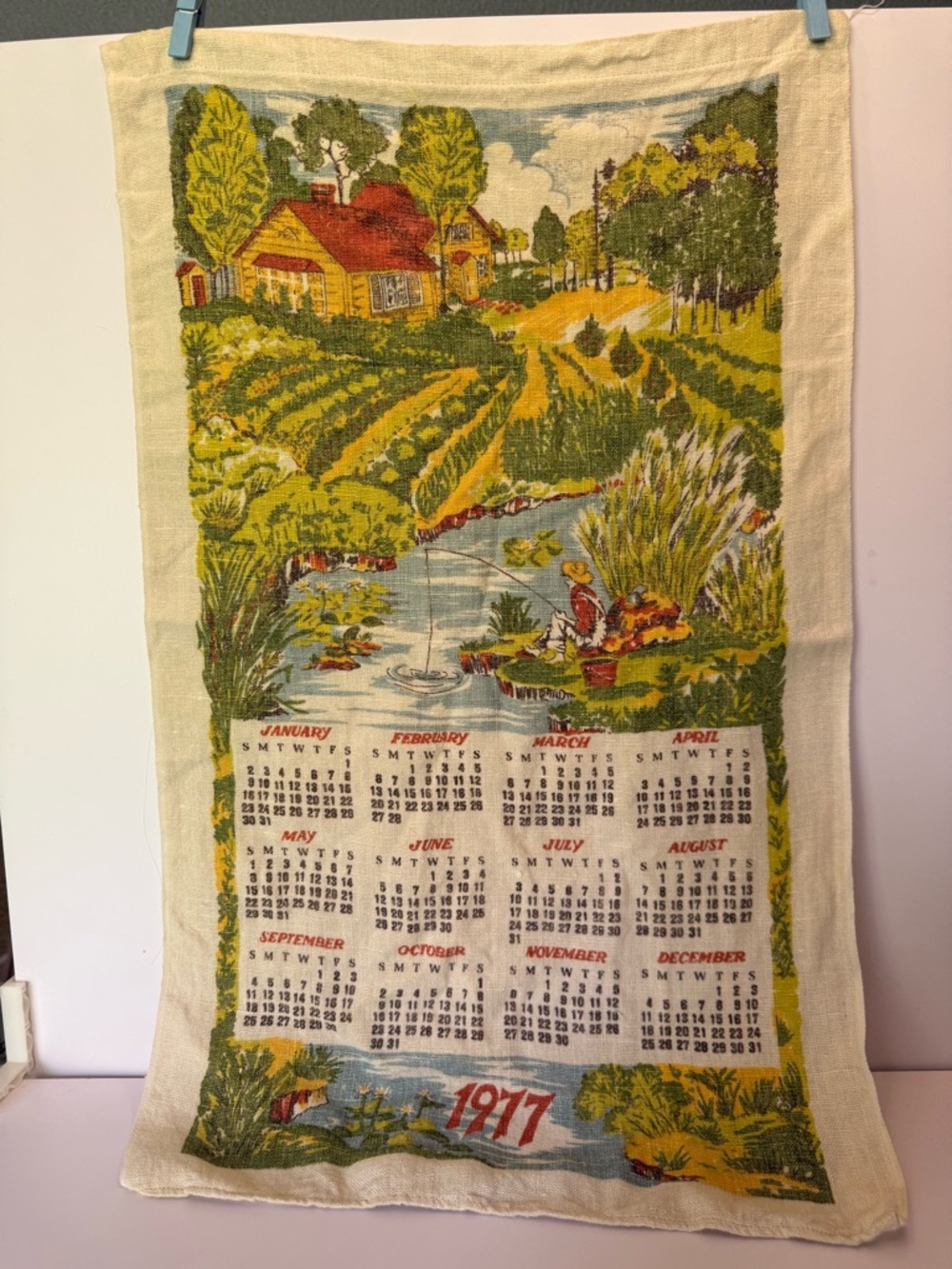 Vintage 1977 Calendar Tea Towel with Countryside Scene Fishing Kitchen Retro